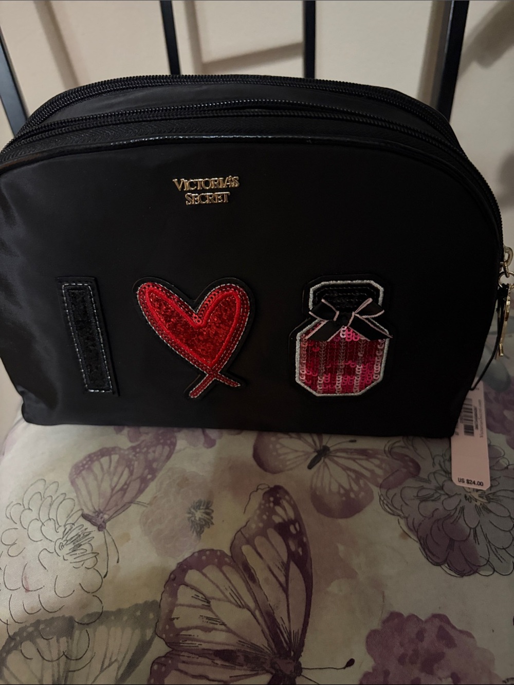 Victoria's Secret Black Cosmetic Bag with Red and Pink Patches